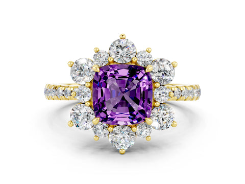 Yellow gold Cushion Cut Cut Diamond Floral Halo Pave Band with Prong Setting