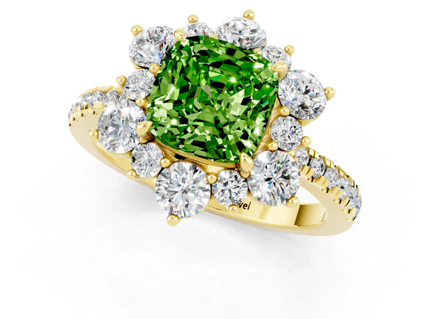 Yellow gold Cushion Cut Cut Diamond Floral Halo Pave Band with Prong Setting