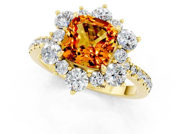 Yellow gold Cushion Cut Citrine Floral Halo Ring with Round Pavé Band and Prong Setting