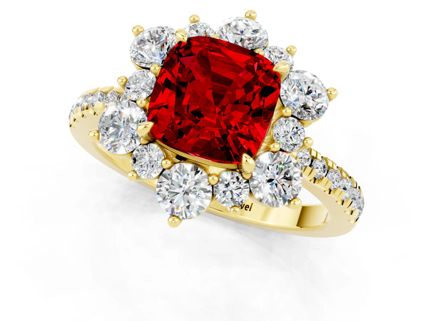 Yellow gold Cushion Cut Ruby Floral Halo Ring with Round Pavé Band and Prong Setting