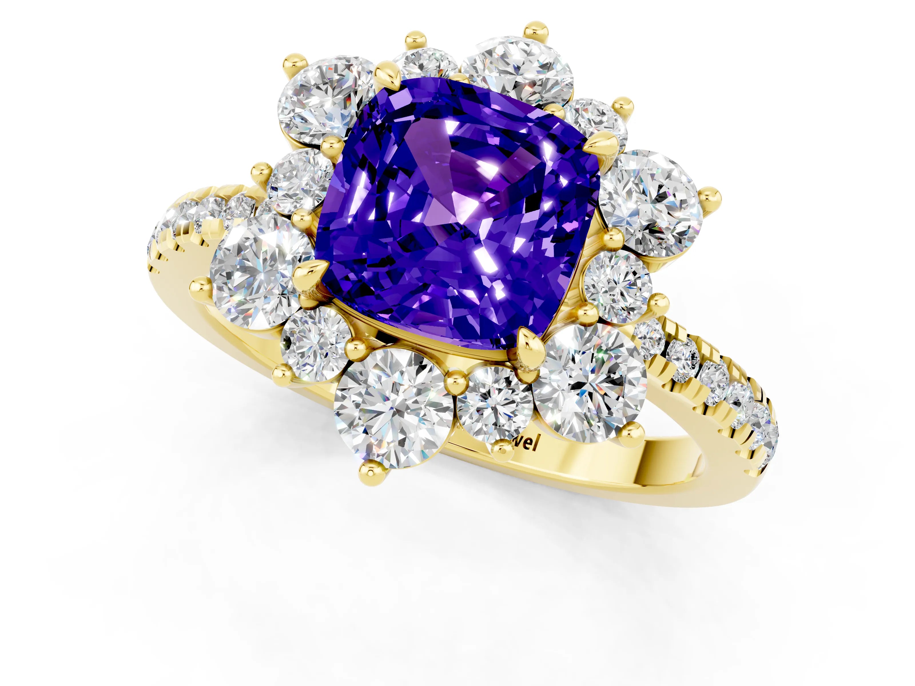 Yellow gold Cushion Cut Cut Diamond Floral Halo Pave Band with Prong Setting_1