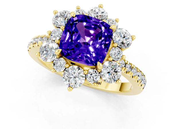 Yellow gold Cushion Cut Tanzanite Floral Halo Ring with Round Pavé Band and Prong Setting