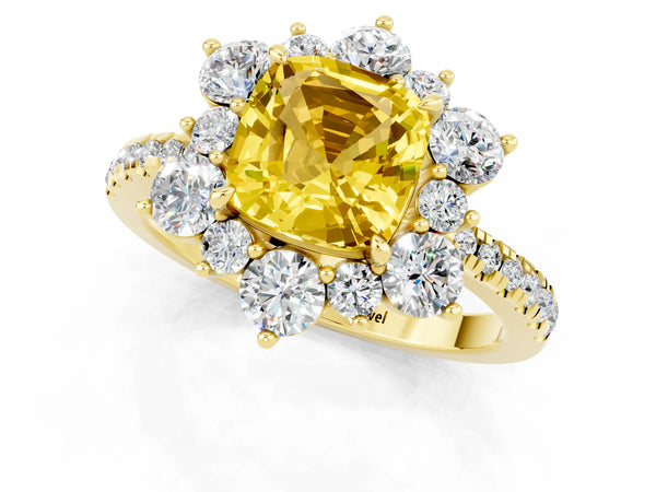 Yellow gold Cushion Cut Yellow Sapphire Floral Halo Ring with Round Pavé Band and Prong Setting