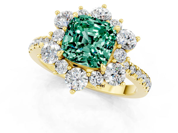 Yellow gold Cushion Cut Green Sapphire Floral Halo Ring with Round Pavé Band and Prong Setting