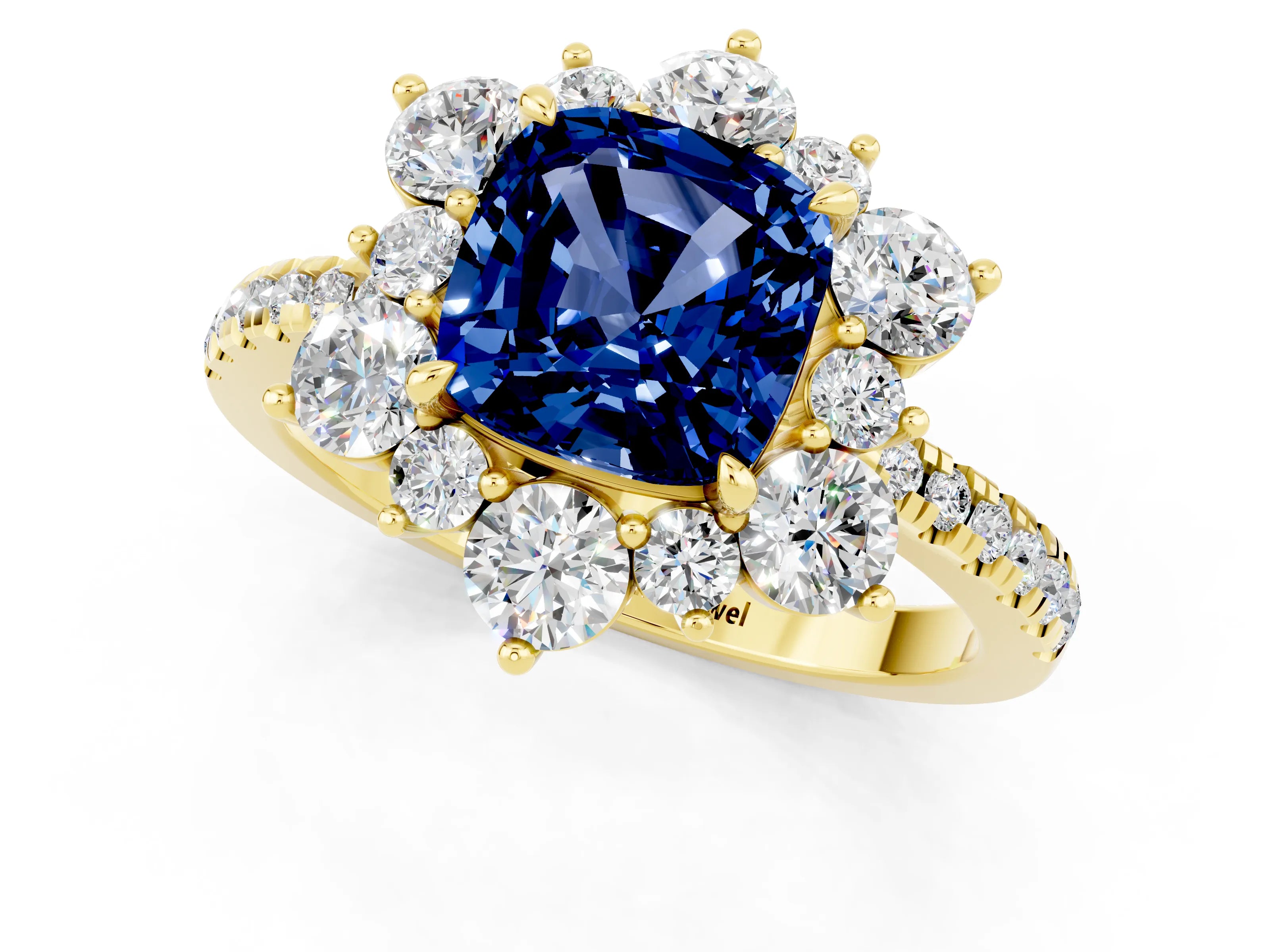 Yellow gold Cushion Cut Cut Diamond Floral Halo Pave Band with Prong Setting_1