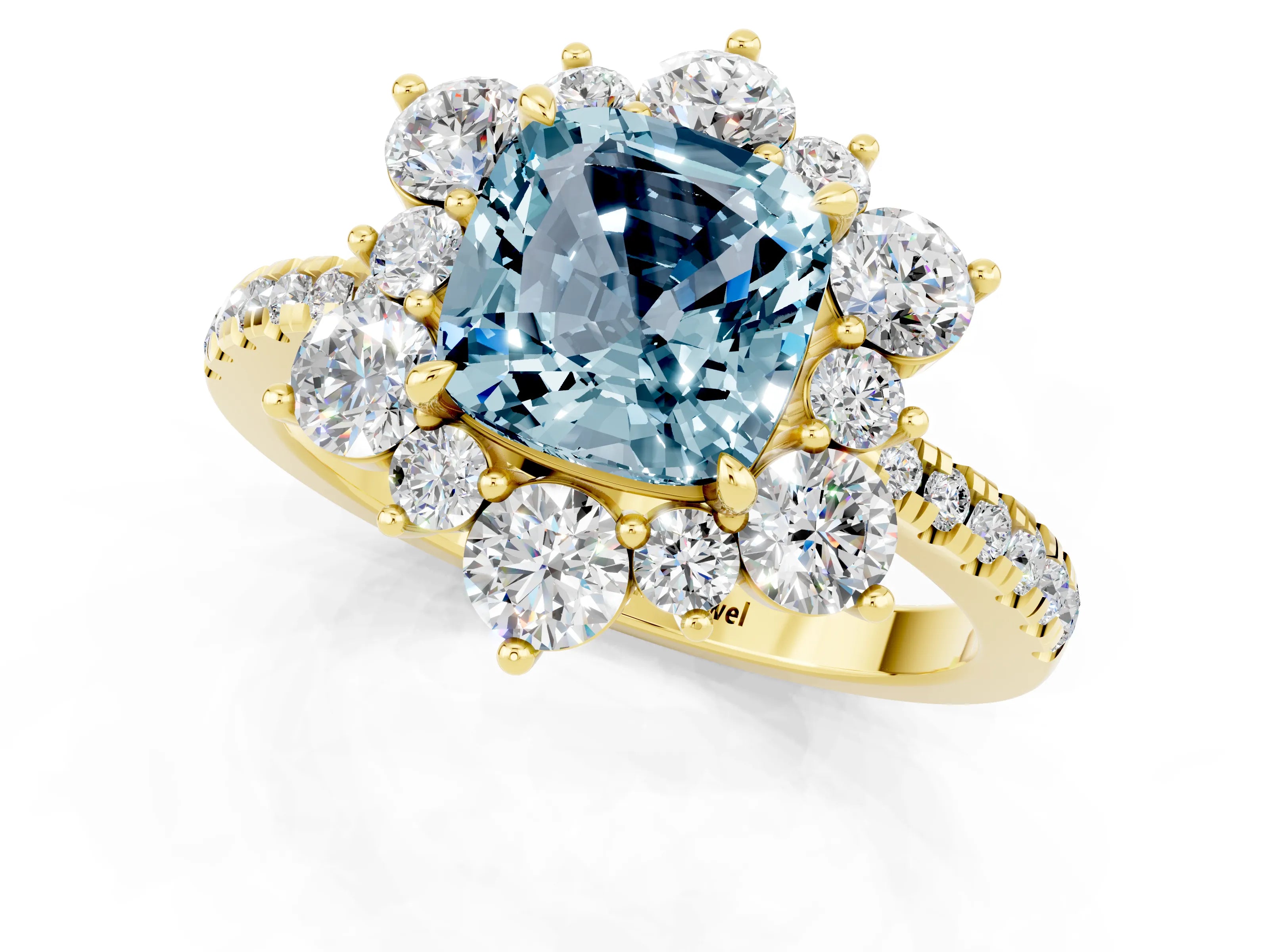 Yellow gold Cushion Cut Cut Diamond Floral Halo Pave Band with Prong Setting_1