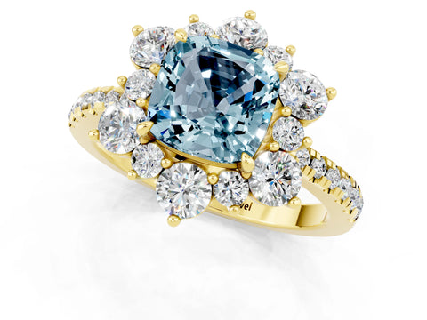Yellow gold Cushion Cut Cut Diamond Floral Halo Pave Band with Prong Setting_1