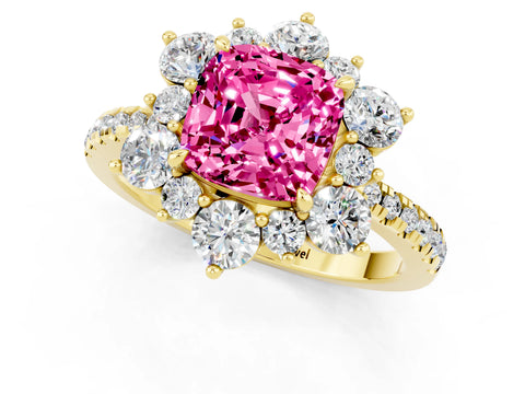 Yellow gold Cushion Cut Cut Diamond Floral Halo Pave Band with Prong Setting_1