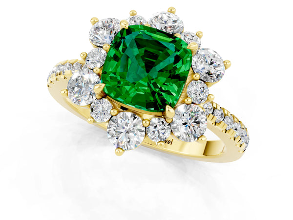 Yellow gold Cushion Cut Emerald Floral Halo Ring with Round Pavé Band and Prong Setting