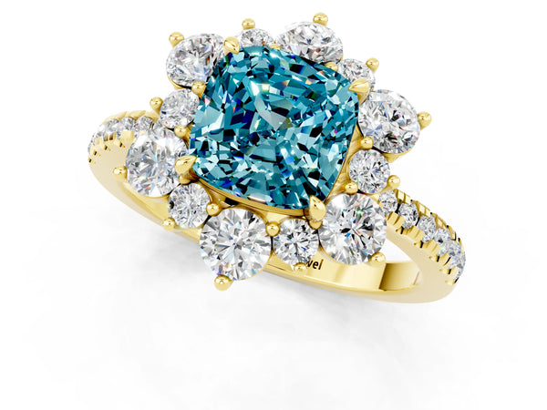 Yellow gold Cushion Cut Cut Diamond Floral Halo Pave Band with Prong Setting