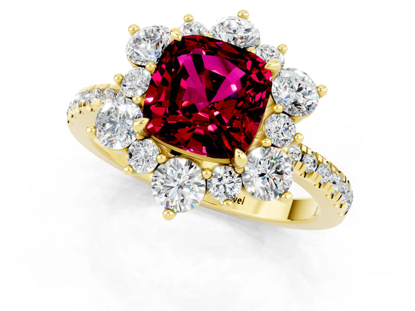 Yellow gold Cushion Cut Garnet Floral Halo Ring with Round Pavé Band and Prong Setting