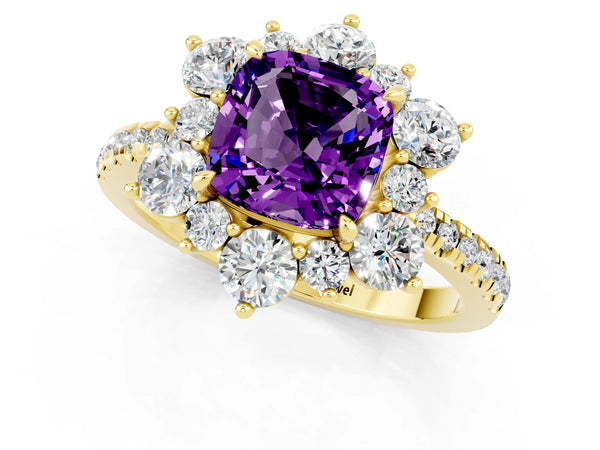 Yellow gold Cushion Cut Amethyst Floral Halo Ring with Round Pavé Band and Prong Setting