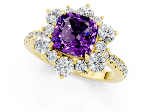 Yellow gold Cushion Cut Cut Diamond Floral Halo Pave Band with Prong Setting_1