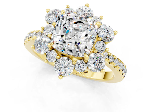 Yellow gold Cushion Cut Moissanite Floral Halo Ring with Round Pavé Band and Prong Setting