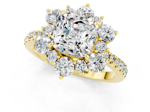 Yellow gold Cushion Cut Cut Diamond Floral Halo Pave Band with Prong Setting_1