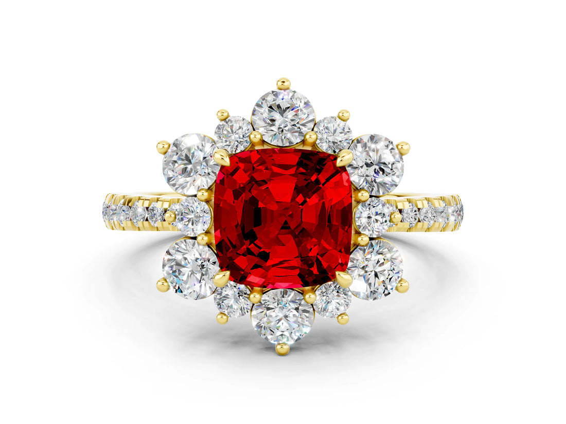 Yellow gold Cushion Cut Cut Diamond Floral Halo Pave Band with Prong Setting