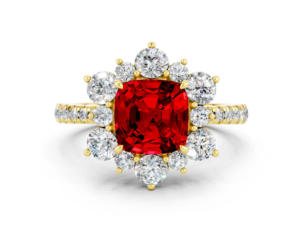 Yellow gold Cushion Cut Ruby Floral Halo Ring with Round Pavé Band and Prong Setting