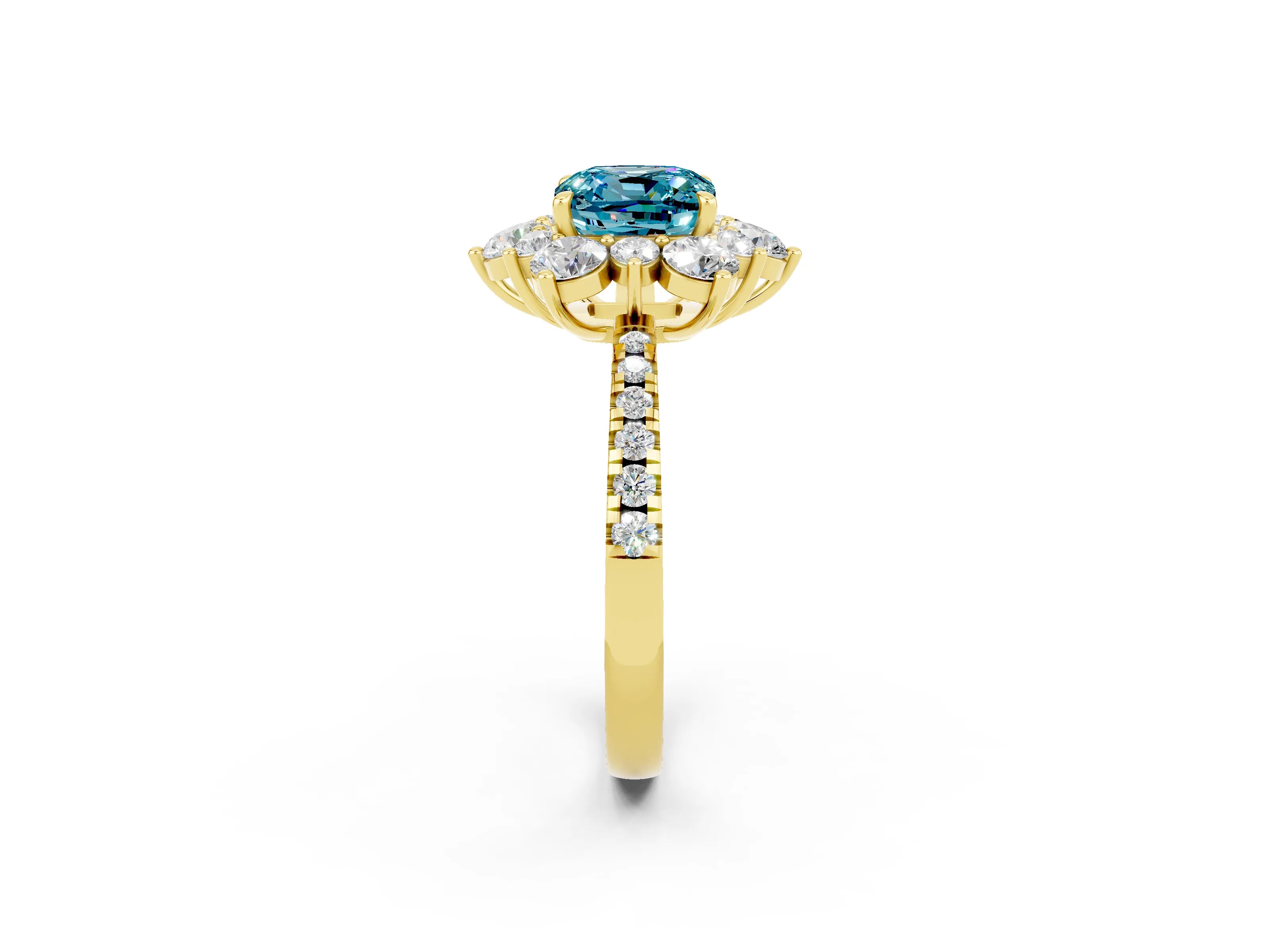Yellow gold Cushion Cut Cut Diamond Floral Halo Pave Band with Prong Setting_2