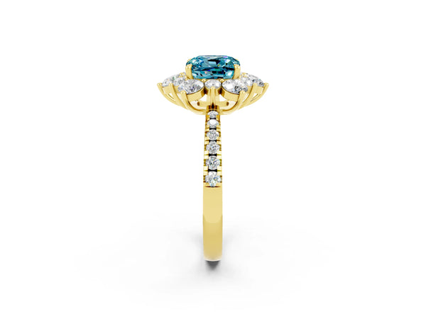 Yellow gold Cushion Cut Cut Diamond Floral Halo Pave Band with Prong Setting