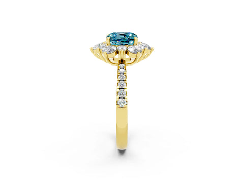 Yellow gold Cushion Cut Cut Diamond Floral Halo Pave Band with Prong Setting_2