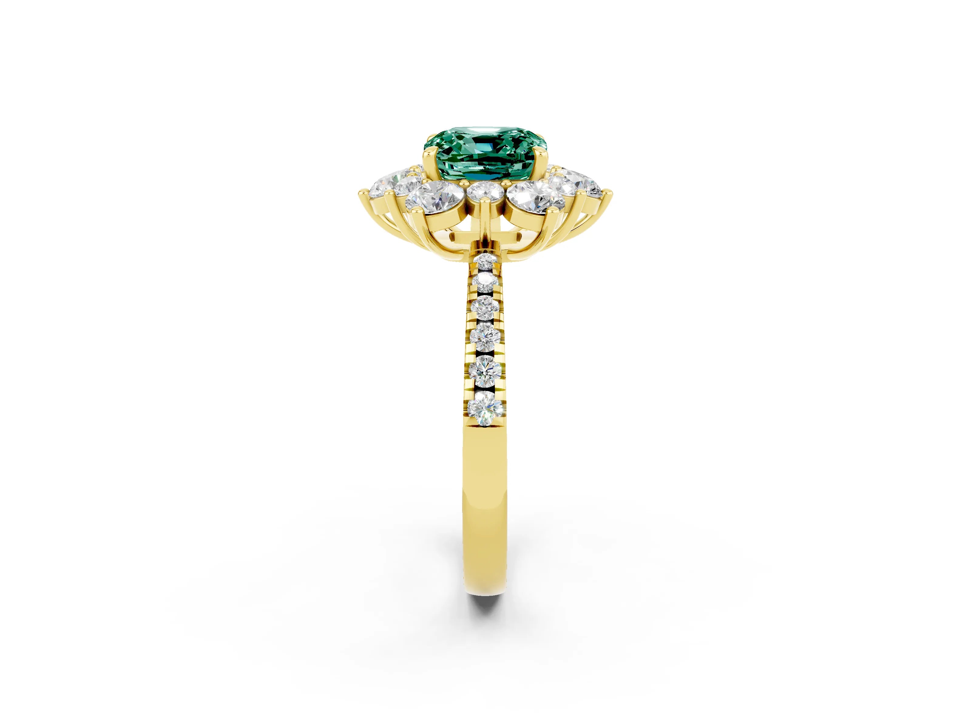 Yellow gold Cushion Cut Cut Diamond Floral Halo Pave Band with Prong Setting_2