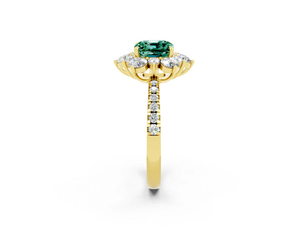 Yellow gold Cushion Cut Green Sapphire Floral Halo Ring with Round Pavé Band and Prong Setting