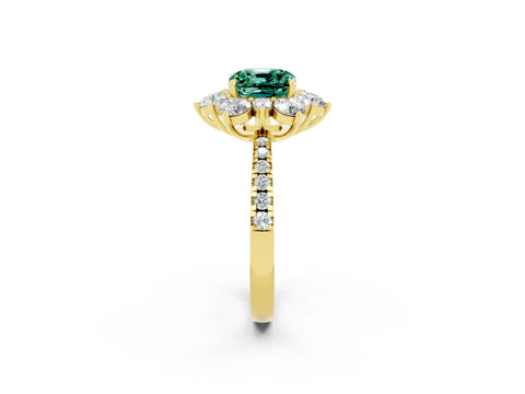 Yellow gold Cushion Cut Cut Diamond Floral Halo Pave Band with Prong Setting_2