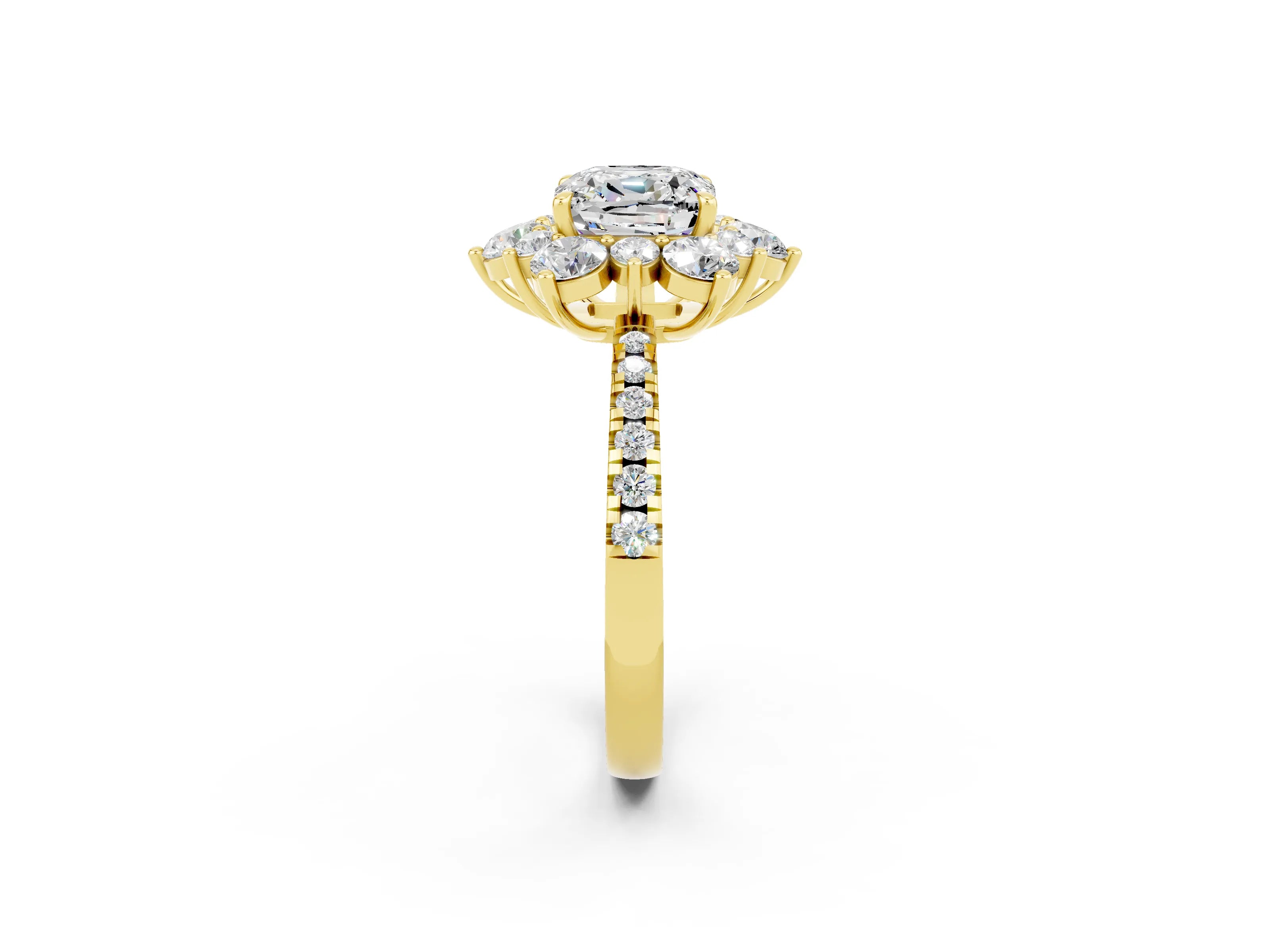 Yellow gold Cushion Cut Cut Diamond Floral Halo Pave Band with Prong Setting_2