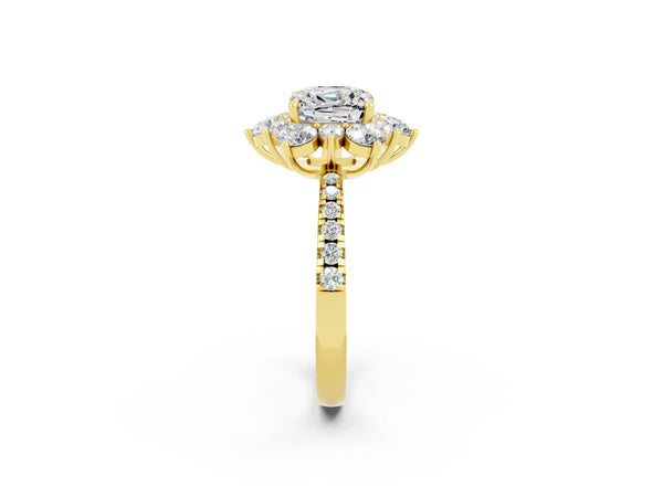 Yellow gold Cushion Cut Moissanite Floral Halo Ring with Round Pavé Band and Prong Setting