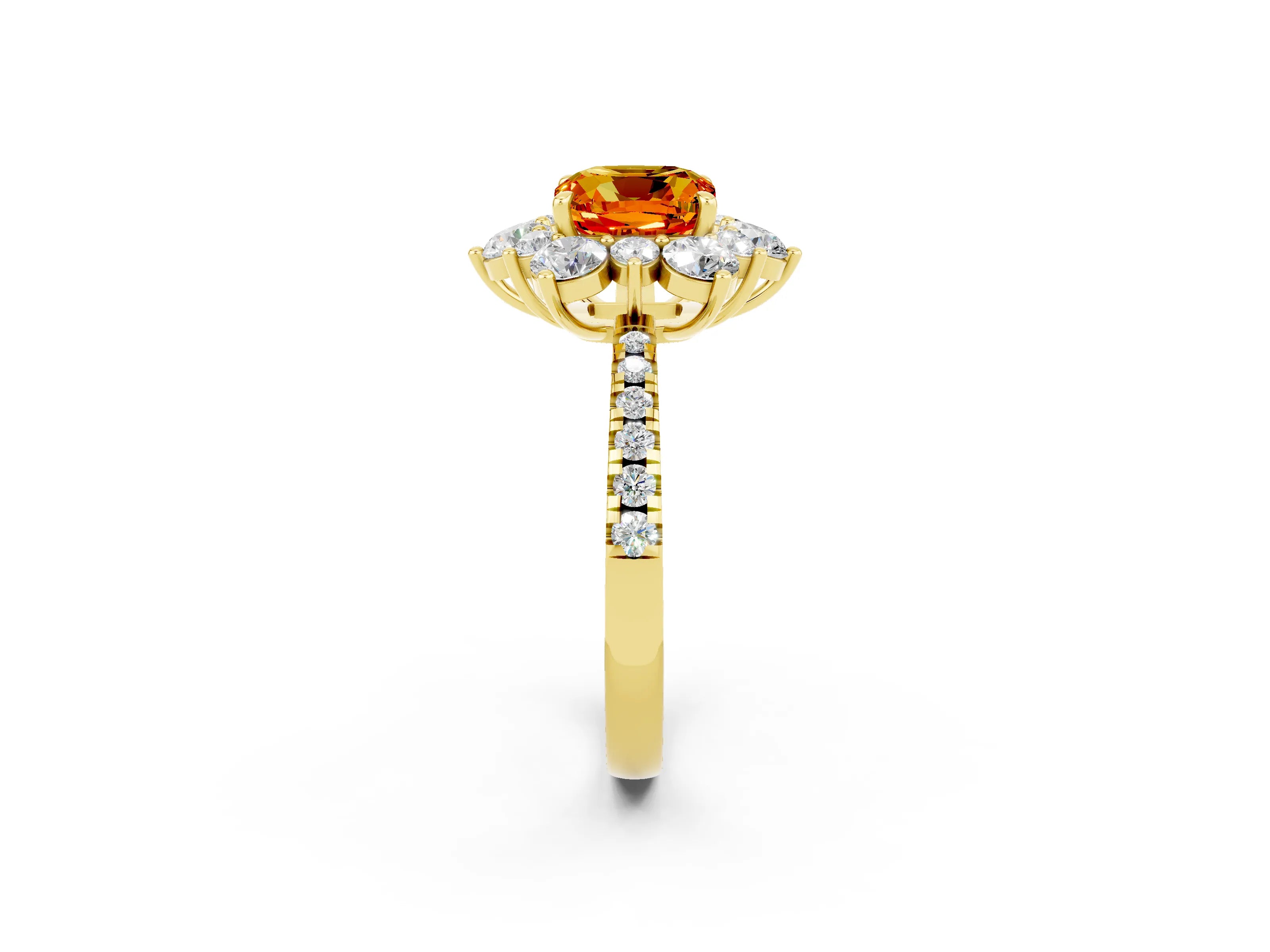 Yellow gold Cushion Cut Cut Diamond Floral Halo Pave Band with Prong Setting_2
