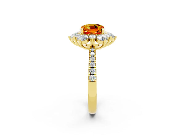 Yellow gold Cushion Cut Citrine Floral Halo Ring with Round Pavé Band and Prong Setting