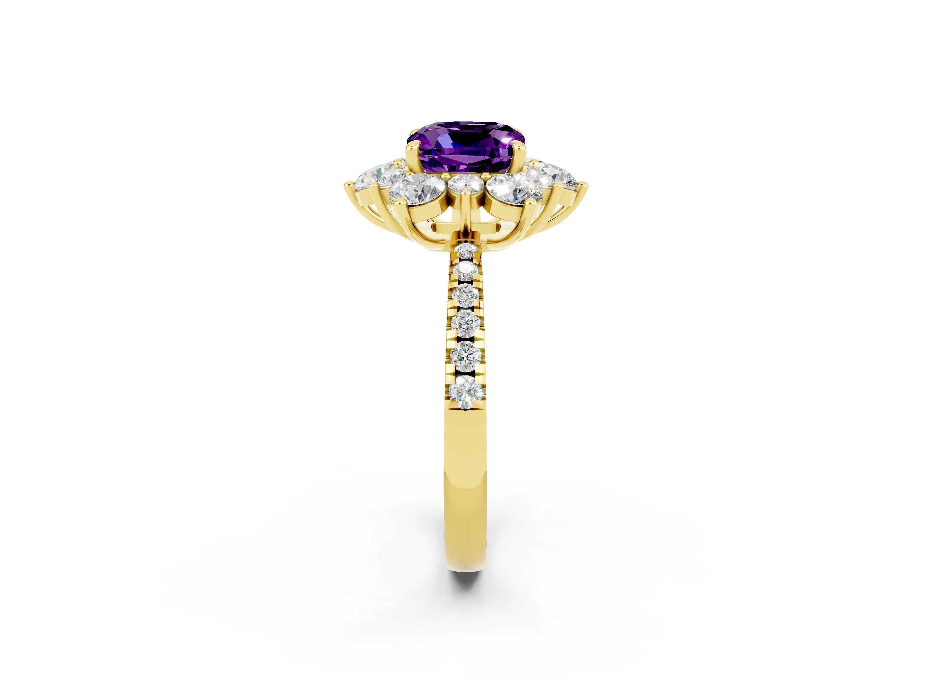 Yellow gold Cushion Cut Cut Diamond Floral Halo Pave Band with Prong Setting_2