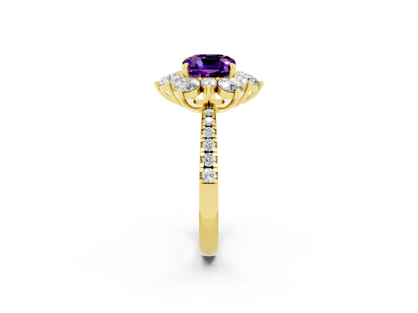 Yellow gold Cushion Cut Amethyst Floral Halo Ring with Round Pavé Band and Prong Setting