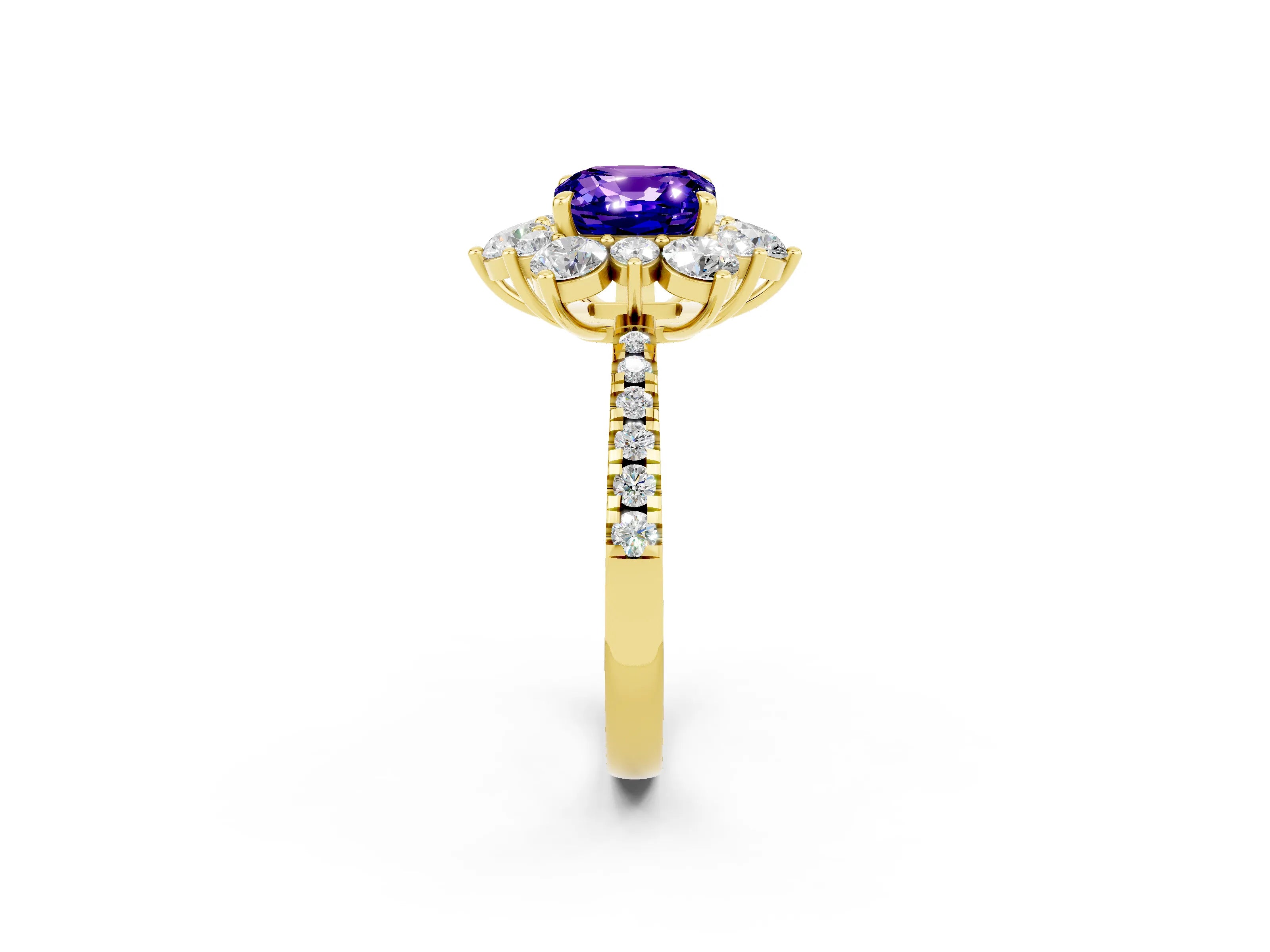 Yellow gold Cushion Cut Cut Diamond Floral Halo Pave Band with Prong Setting_2