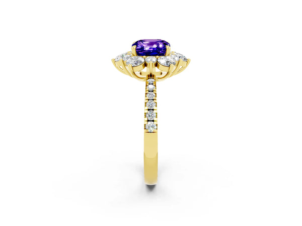 Yellow gold Cushion Cut Tanzanite Floral Halo Ring with Round Pavé Band and Prong Setting