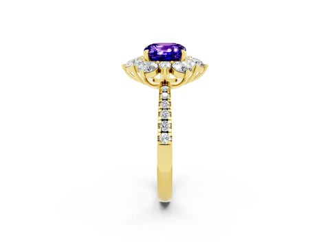 Yellow gold Cushion Cut Cut Diamond Floral Halo Pave Band with Prong Setting_2
