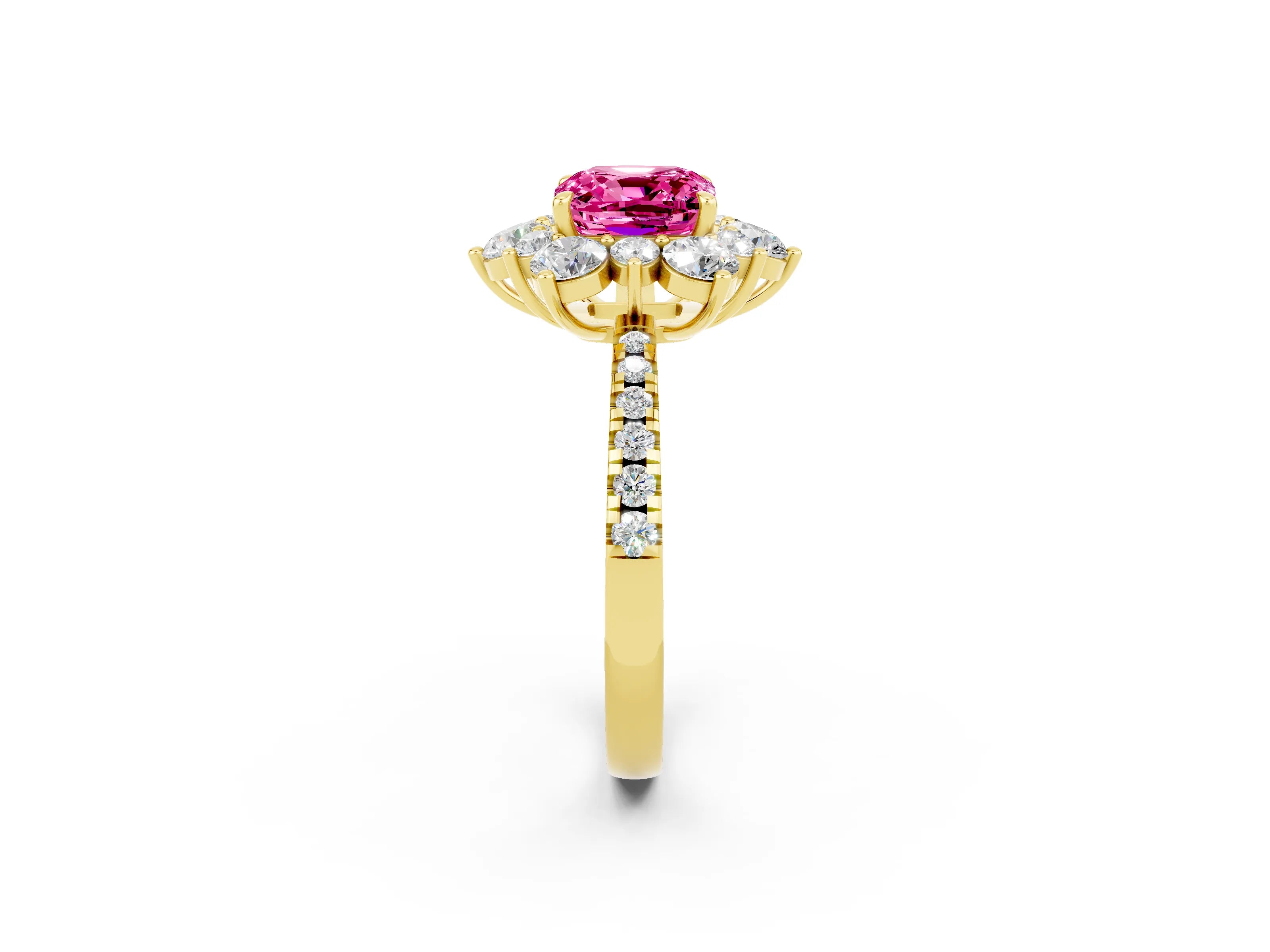 Yellow gold Cushion Cut Cut Diamond Floral Halo Pave Band with Prong Setting_2
