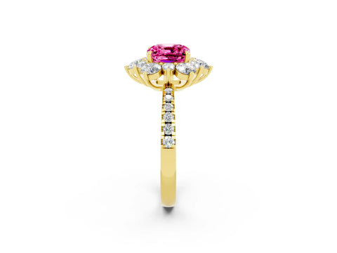 Yellow gold Cushion Cut Cut Diamond Floral Halo Pave Band with Prong Setting_2
