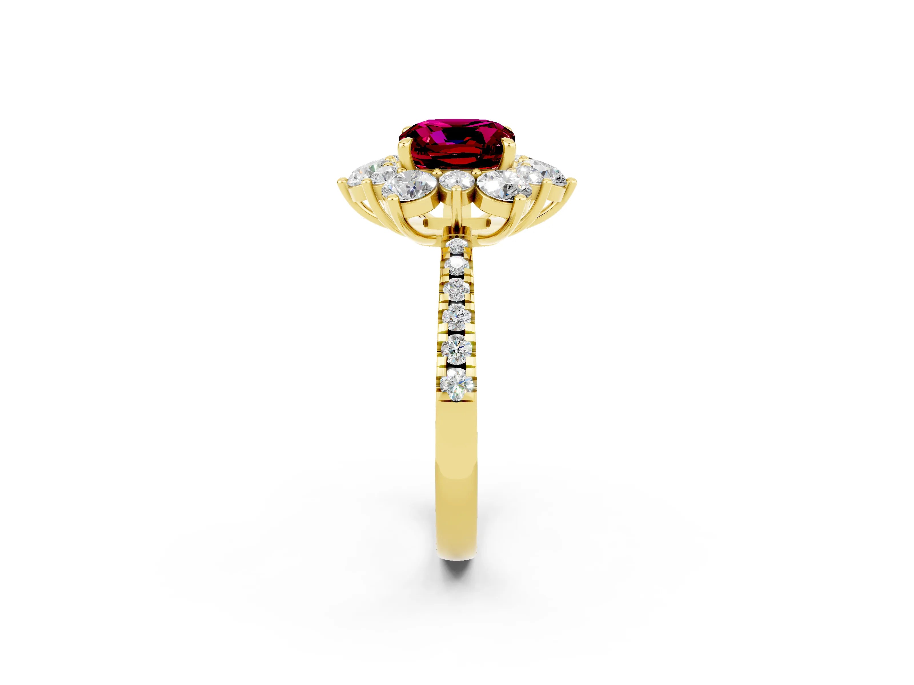 Yellow gold Cushion Cut Cut Diamond Floral Halo Pave Band with Prong Setting_2