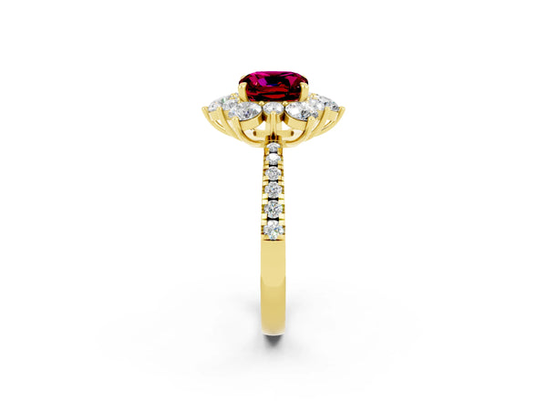 Yellow gold Cushion Cut Garnet Floral Halo Ring with Round Pavé Band and Prong Setting