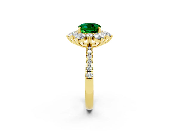 Yellow gold Cushion Cut Emerald Floral Halo Ring with Round Pavé Band and Prong Setting
