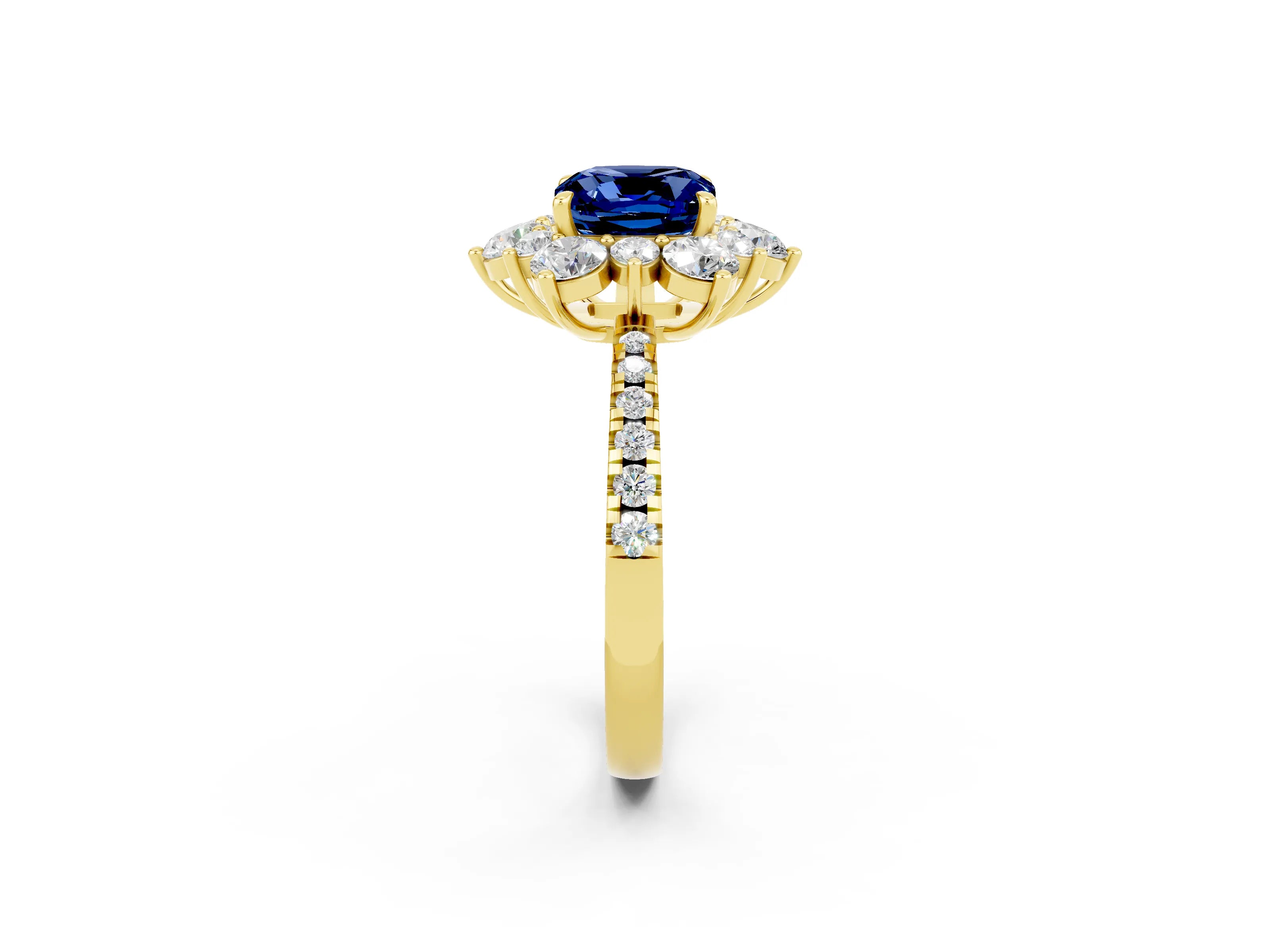 Yellow gold Cushion Cut Cut Diamond Floral Halo Pave Band with Prong Setting_2