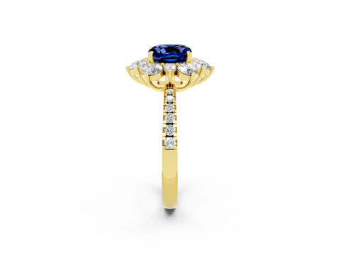 Yellow gold Cushion Cut Cut Diamond Floral Halo Pave Band with Prong Setting_2