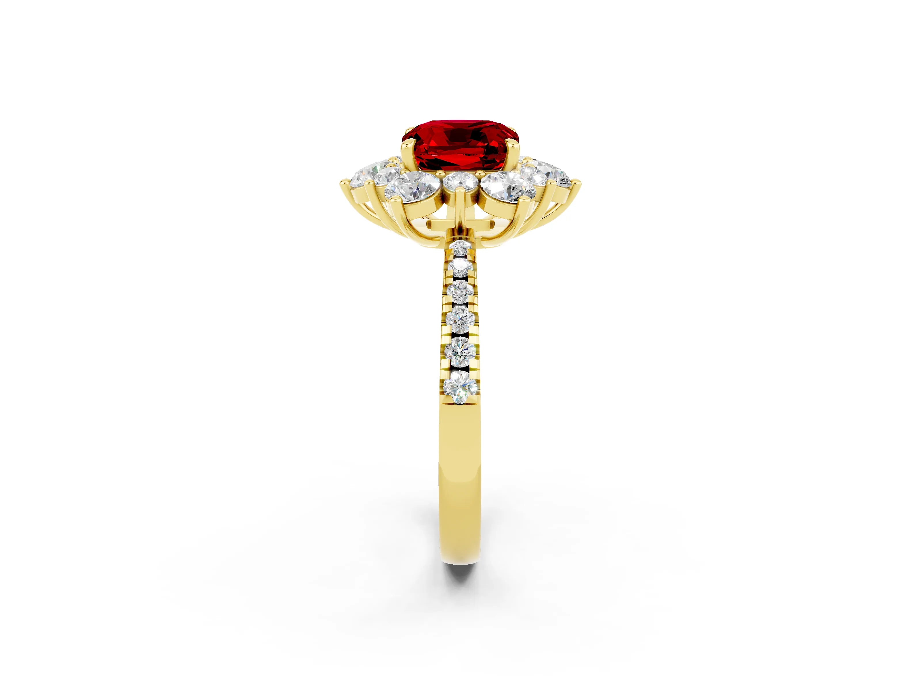 Yellow gold Cushion Cut Cut Diamond Floral Halo Pave Band with Prong Setting_2