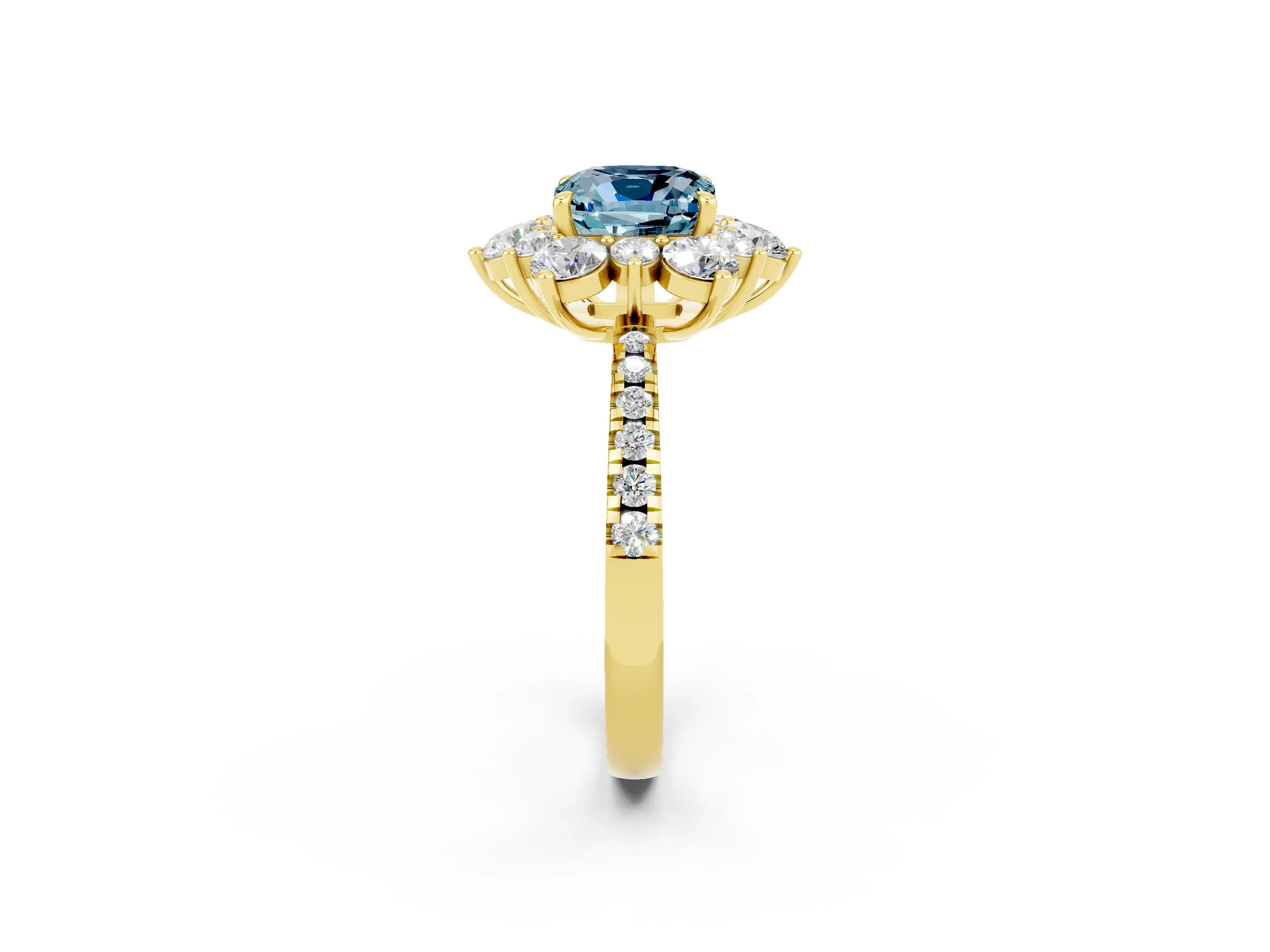 Yellow gold Cushion Cut Cut Diamond Floral Halo Pave Band with Prong Setting_2