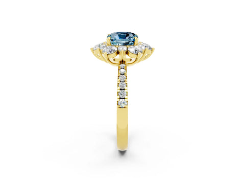 Yellow gold Cushion Cut Cut Diamond Floral Halo Pave Band with Prong Setting_2