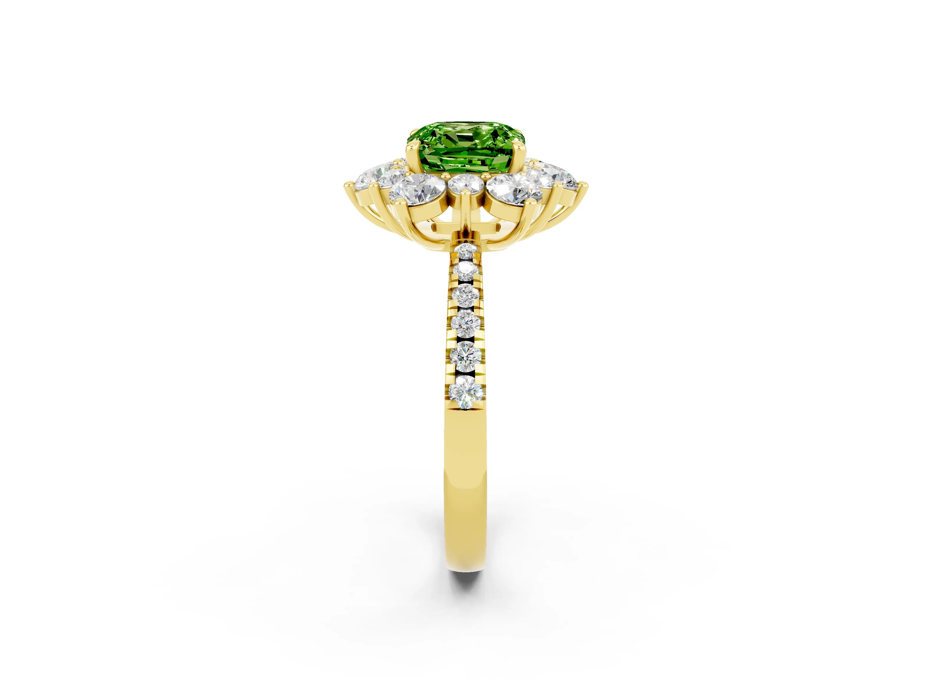 Yellow gold Cushion Cut Cut Diamond Floral Halo Pave Band with Prong Setting_2