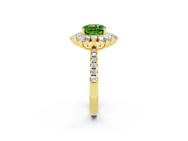 Yellow gold Cushion Cut Cut Diamond Floral Halo Pave Band with Prong Setting
