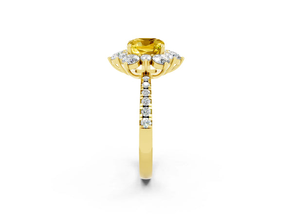 Yellow gold Cushion Cut Yellow Sapphire Floral Halo Ring with Round Pavé Band and Prong Setting