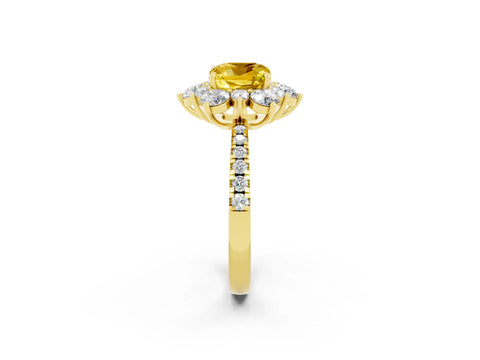 Yellow gold Cushion Cut Cut Diamond Floral Halo Pave Band with Prong Setting_2